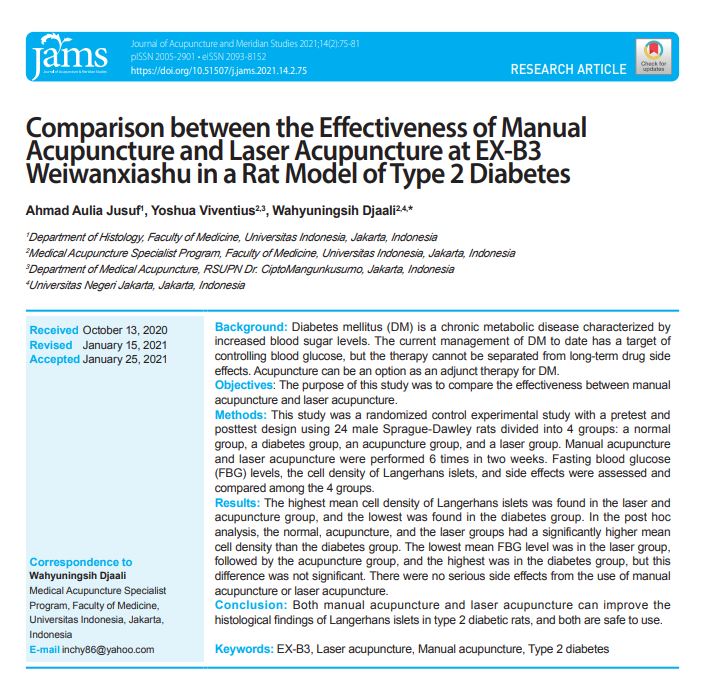 Comparison between the Effectiveness of Manual Acupuncture and Laser Acupuncture at EX-B3 Weiwanxiashu in a Rat Model of Type 2 Diabetes - Comparison between the Effectiveness of Manual Acupuncture and Laser Acupuncture at EX-B3 Weiwanxiashu in a Rat Model of Type 2 Diabetes -